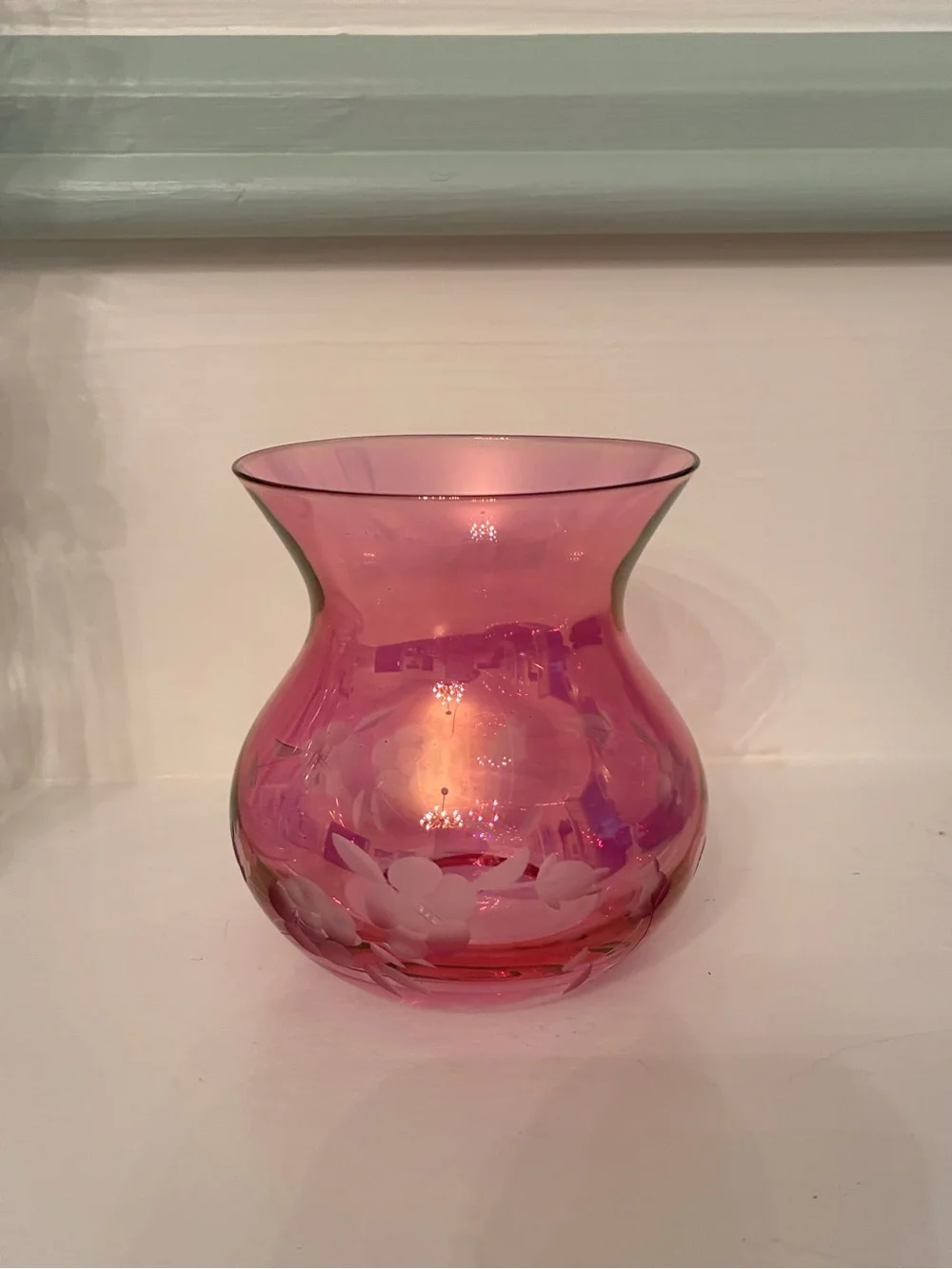Vintage Iridescent, Cranberry Glass Vase with Hand, Etched Floral Design.